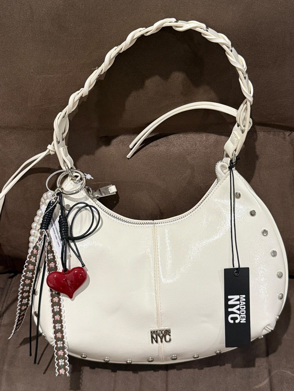 Madden NYC White Studded Shoulder Hobo with Tassel Charm